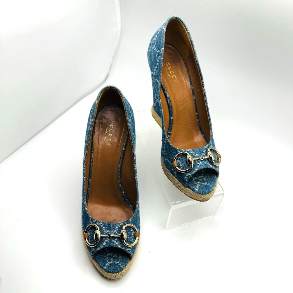 Gucci Denim Monogram Espadrille Wedges Horsebit Blue Size EU 37 - Picture 14 of 15